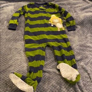 EC boys fleece monkey pajamas Sz4T one piece zip up footed